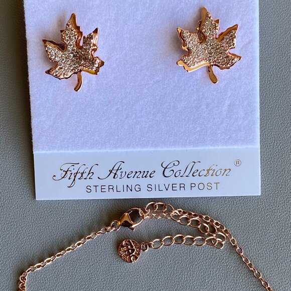 Rose Gold Cubic Zirconia Maple Leaf Earrings & Necklace - Picture 4 of 6